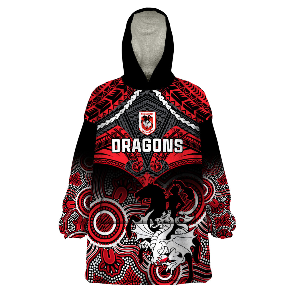 personalised-dragons-rugby-wearable-blanket-hoodie-saints-1998-aboriginal-mix-polynesian-pattern