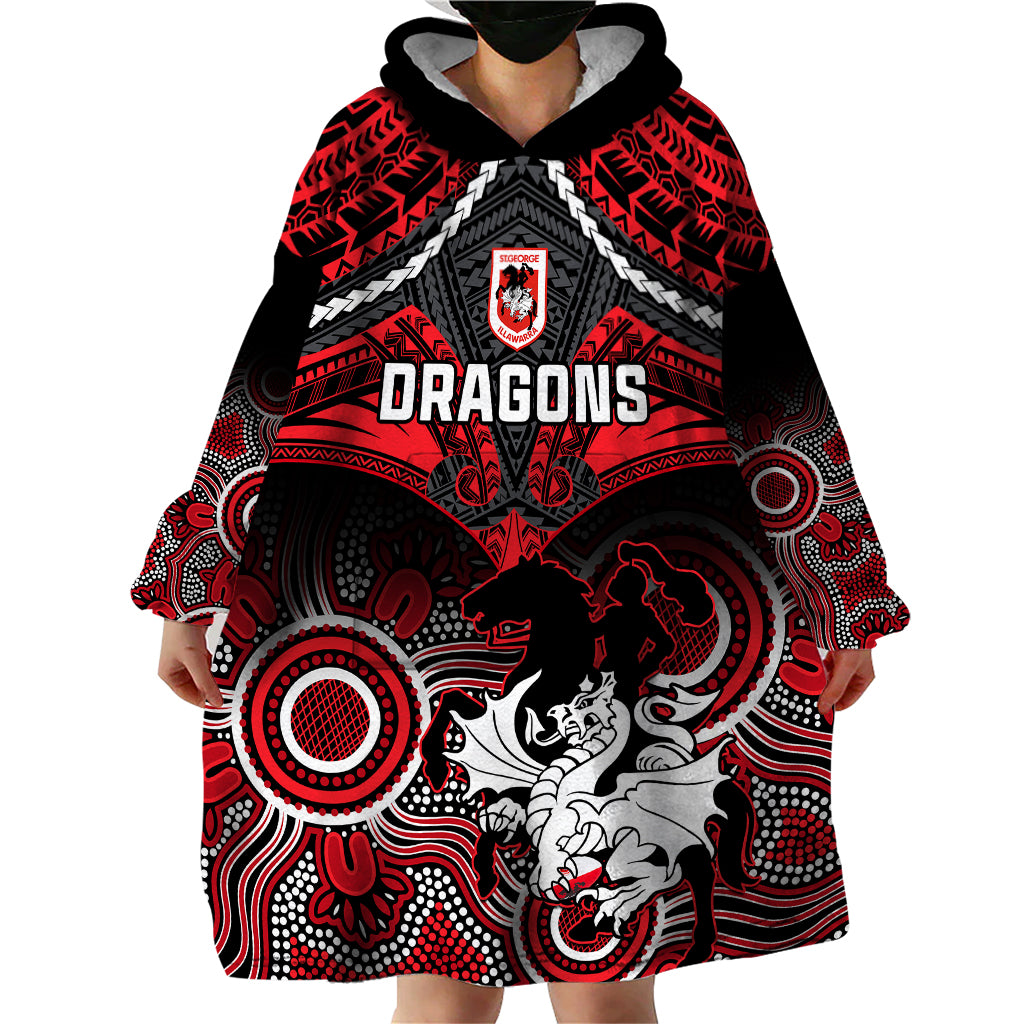 personalised-dragons-rugby-wearable-blanket-hoodie-saints-1998-aboriginal-mix-polynesian-pattern