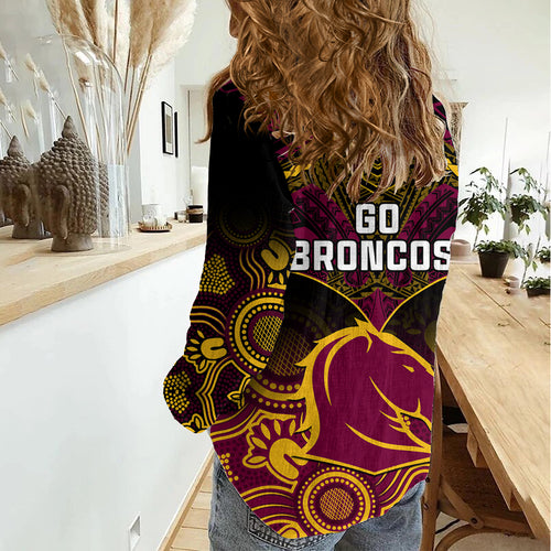 Broncos Rugby Women Casual Shirt Brisbane 1987 Aboriginal Mix Polynesian Pattern LT14