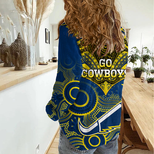 Cowboys Rugby Women Casual Shirt Aboriginal Mix Polynesian Pattern LT14