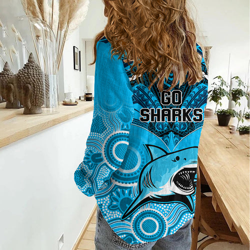 Sharks Rugby Women Casual Shirt Go Sharkies Aboriginal Mix Polynesian Pattern LT14