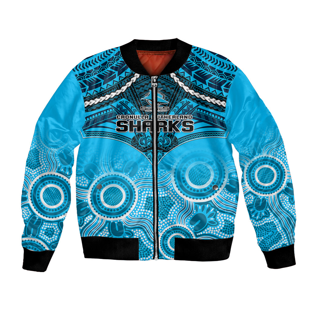 personalised-sharks-rugby-bomber-jacket-go-sharkies-aboriginal-mix-polynesian-pattern
