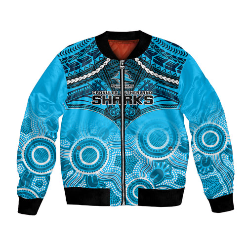personalised-sharks-rugby-bomber-jacket-go-sharkies-aboriginal-mix-polynesian-pattern