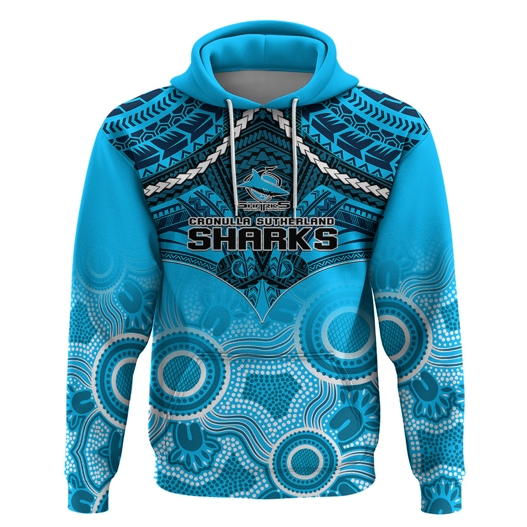 personalised-sharks-rugby-hoodie-go-sharkies-aboriginal-mix-polynesian-pattern