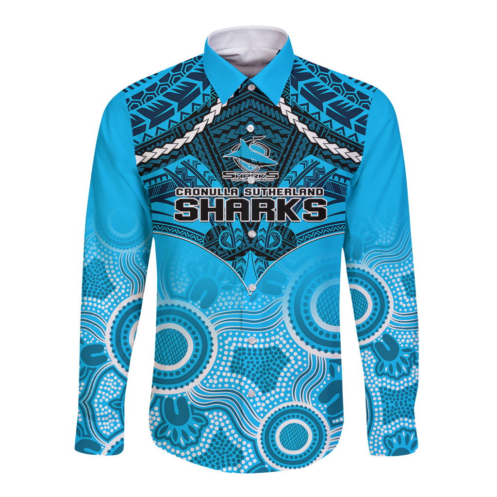 personalised-sharks-rugby-long-sleeve-button-shirt-go-sharkies-aboriginal-mix-polynesian-pattern