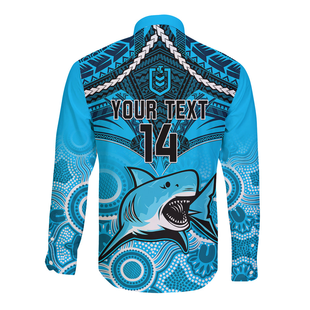 personalised-sharks-rugby-long-sleeve-button-shirt-go-sharkies-aboriginal-mix-polynesian-pattern