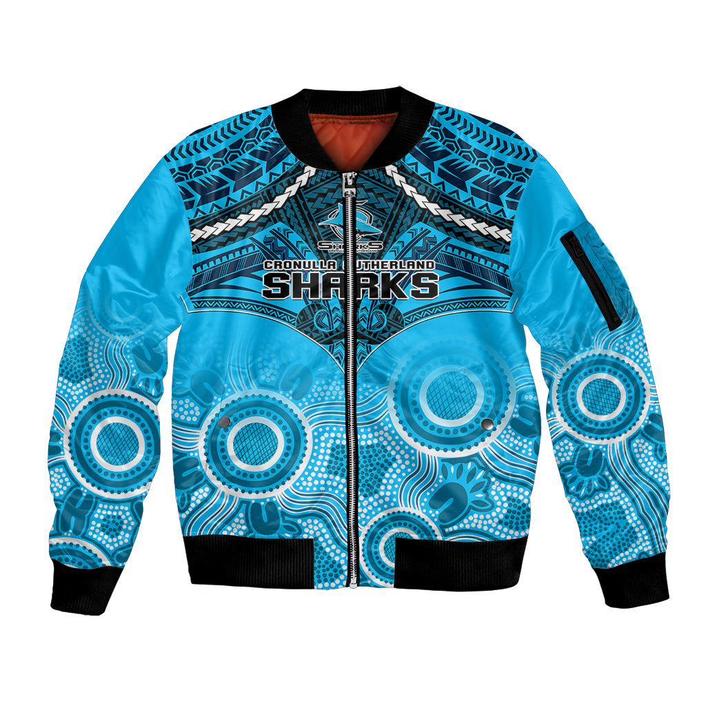 personalised-sharks-rugby-sleeve-zip-bomber-jacket-go-sharkies-aboriginal-mix-polynesian-pattern