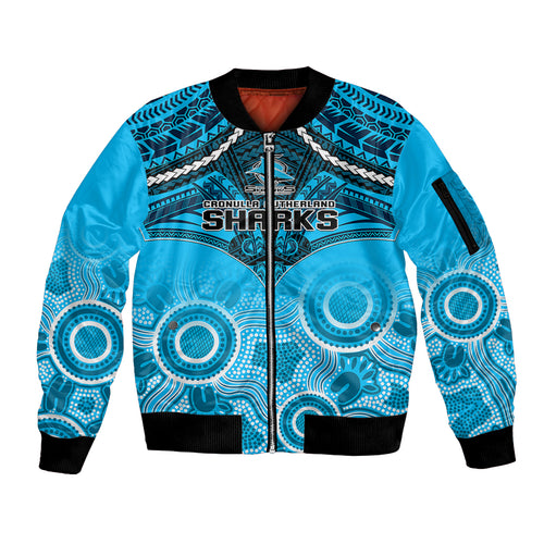 personalised-sharks-rugby-sleeve-zip-bomber-jacket-go-sharkies-aboriginal-mix-polynesian-pattern