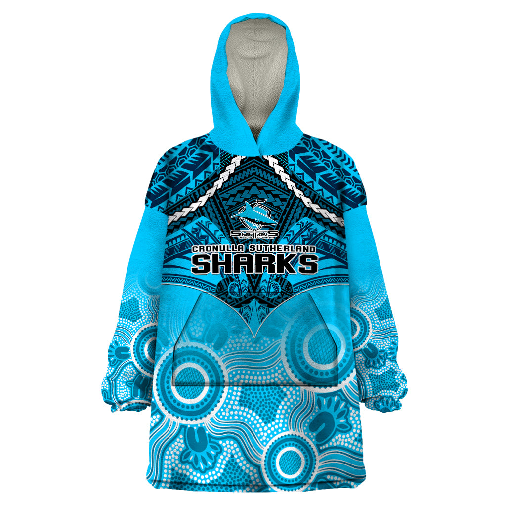 personalised-sharks-rugby-wearable-blanket-hoodie-go-sharkies-aboriginal-mix-polynesian-pattern