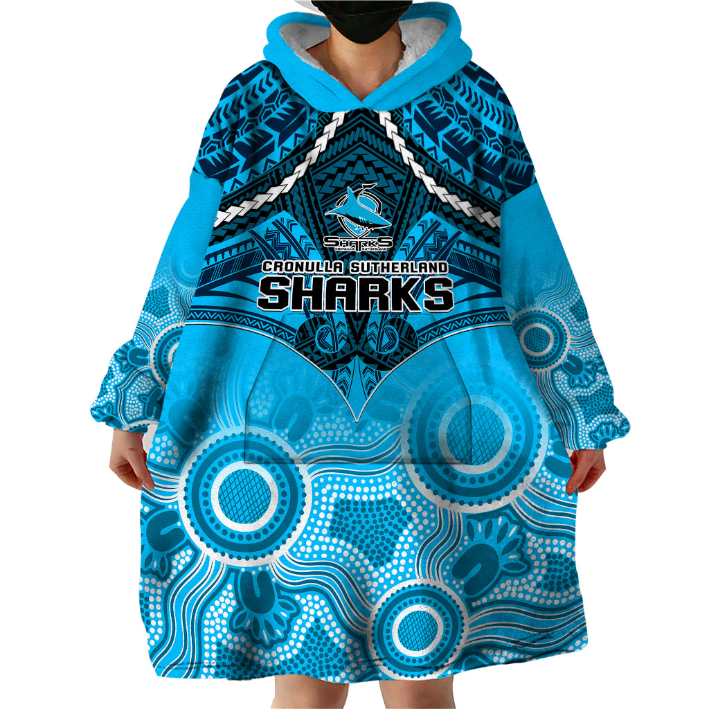 personalised-sharks-rugby-wearable-blanket-hoodie-go-sharkies-aboriginal-mix-polynesian-pattern