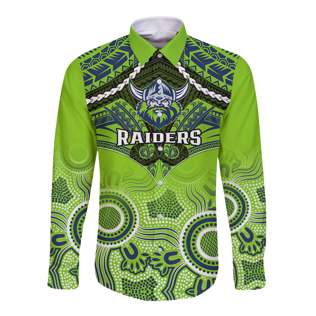 personalised-raiders-rugby-long-sleeve-button-shirt-canberra-1981-aboriginal-mix-polynesian-pattern