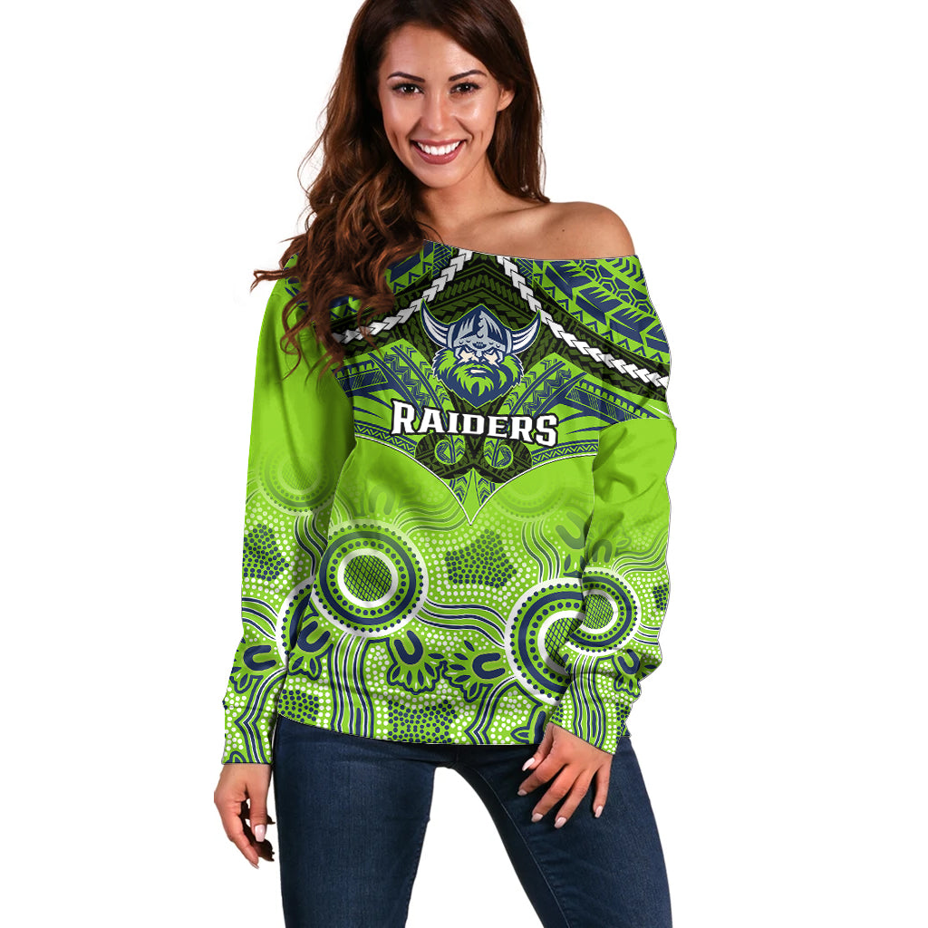 personalised-raiders-rugby-off-shoulder-sweater-canberra-1981-aboriginal-mix-polynesian-pattern