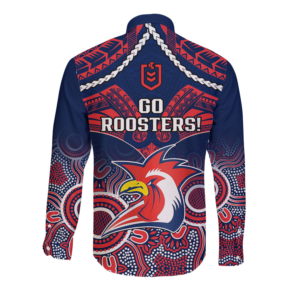 roosters-rugby-long-sleeve-button-shirt-tricolours-1908-aboriginal-mix-polynesian-pattern