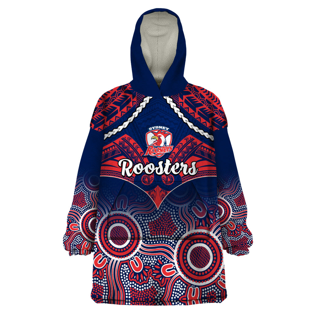 roosters-rugby-wearable-blanket-hoodie-tricolours-1908-aboriginal-mix-polynesian-pattern