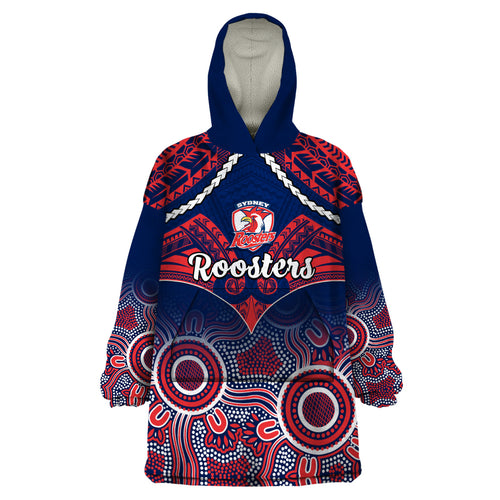 roosters-rugby-wearable-blanket-hoodie-tricolours-1908-aboriginal-mix-polynesian-pattern