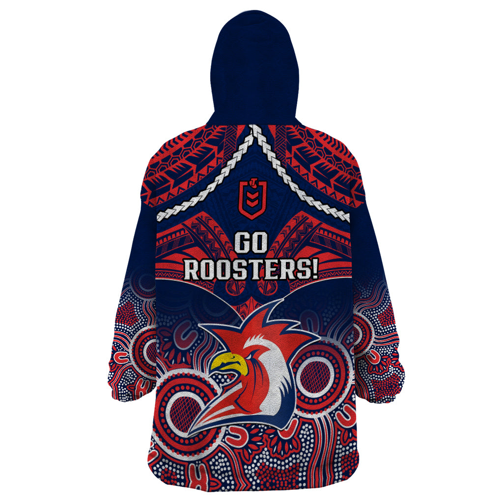 roosters-rugby-wearable-blanket-hoodie-tricolours-1908-aboriginal-mix-polynesian-pattern
