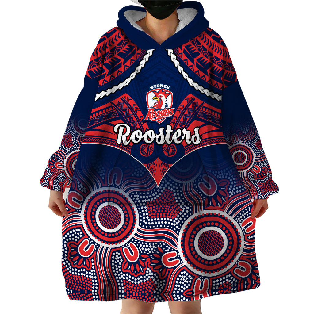 roosters-rugby-wearable-blanket-hoodie-tricolours-1908-aboriginal-mix-polynesian-pattern
