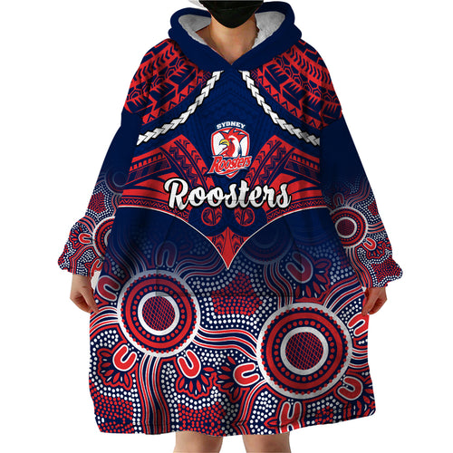 roosters-rugby-wearable-blanket-hoodie-tricolours-1908-aboriginal-mix-polynesian-pattern