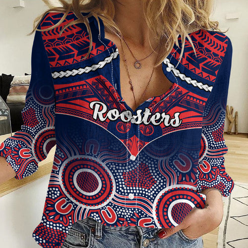 Roosters Rugby Women Casual Shirt Tricolours 1908 Aboriginal Mix Polynesian Pattern LT14