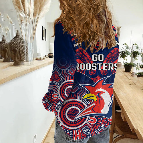 Roosters Rugby Women Casual Shirt Tricolours 1908 Aboriginal Mix Polynesian Pattern LT14
