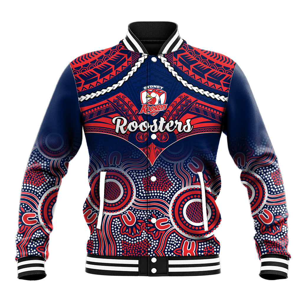 personalised-roosters-rugby-baseball-jacket-tricolours-1908-aboriginal-mix-polynesian-pattern