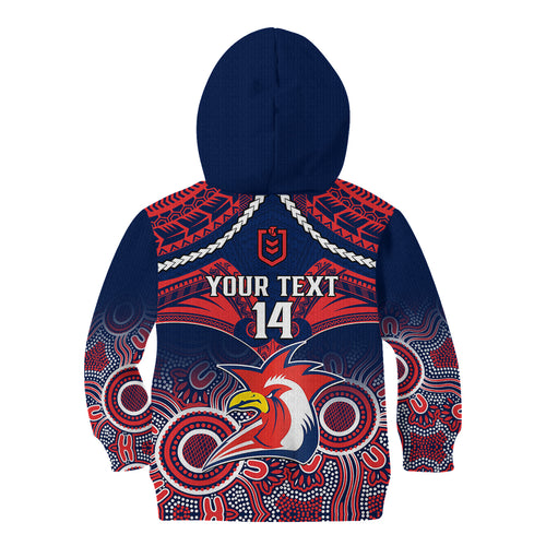 personalised-roosters-rugby-kid-hoodie-tricolours-1908-aboriginal-mix-polynesian-pattern