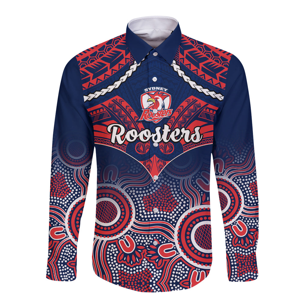 personalised-roosters-rugby-long-sleeve-button-shirt-tricolours-1908-aboriginal-mix-polynesian-pattern