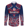 personalised-roosters-rugby-long-sleeve-button-shirt-tricolours-1908-aboriginal-mix-polynesian-pattern
