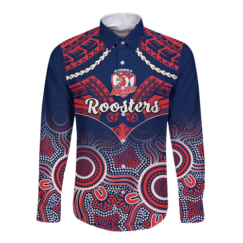 personalised-roosters-rugby-long-sleeve-button-shirt-tricolours-1908-aboriginal-mix-polynesian-pattern