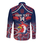 personalised-roosters-rugby-long-sleeve-button-shirt-tricolours-1908-aboriginal-mix-polynesian-pattern
