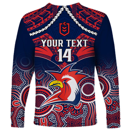 personalised-roosters-rugby-long-sleeve-shirt-tricolours-1908-aboriginal-mix-polynesian-pattern