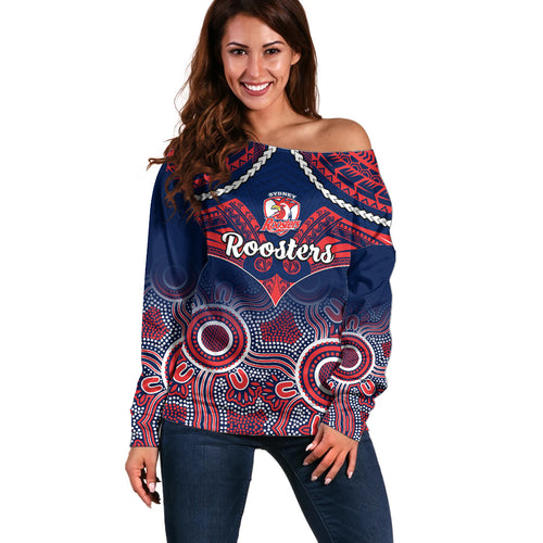 personalised-roosters-rugby-off-shoulder-sweater-tricolours-1908-aboriginal-mix-polynesian-pattern