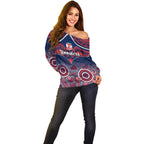 personalised-roosters-rugby-off-shoulder-sweater-tricolours-1908-aboriginal-mix-polynesian-pattern