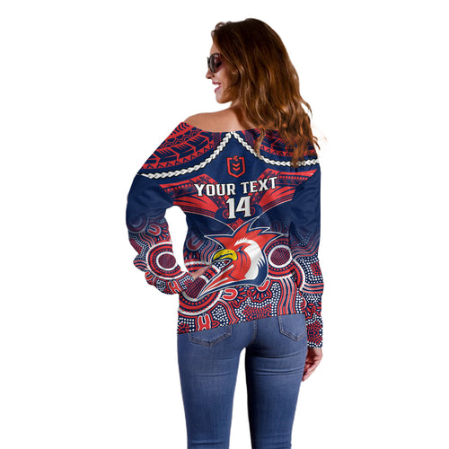 personalised-roosters-rugby-off-shoulder-sweater-tricolours-1908-aboriginal-mix-polynesian-pattern