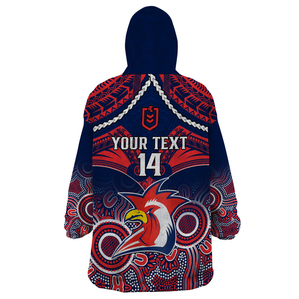 personalised-roosters-rugby-wearable-blanket-hoodie-tricolours-1908-aboriginal-mix-polynesian-pattern