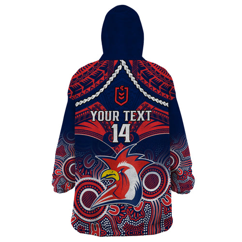 personalised-roosters-rugby-wearable-blanket-hoodie-tricolours-1908-aboriginal-mix-polynesian-pattern