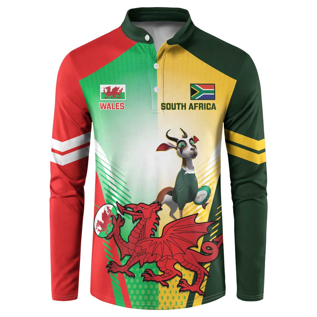 Custom South Africa And Wales Rugby Button Sweatshirt Springboks Welsh Mascots Dynamic Version