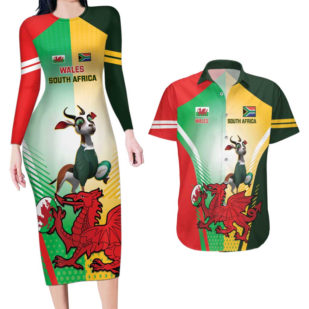 Custom South Africa And Wales Rugby Couples Matching Long Sleeve Bodycon Dress and Hawaiian Shirt Springboks Welsh Mascots Dynamic Version