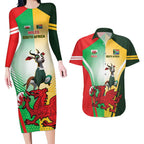 Custom South Africa And Wales Rugby Couples Matching Long Sleeve Bodycon Dress and Hawaiian Shirt Springboks Welsh Mascots Dynamic Version