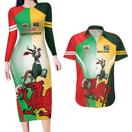 Custom South Africa And Wales Rugby Couples Matching Long Sleeve Bodycon Dress and Hawaiian Shirt Springboks Welsh Mascots Dynamic Version
