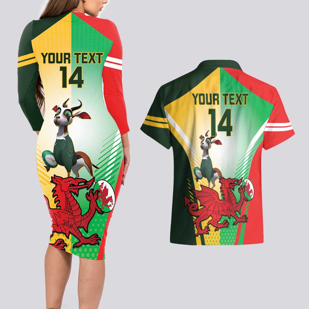 Custom South Africa And Wales Rugby Couples Matching Long Sleeve Bodycon Dress and Hawaiian Shirt Springboks Welsh Mascots Dynamic Version