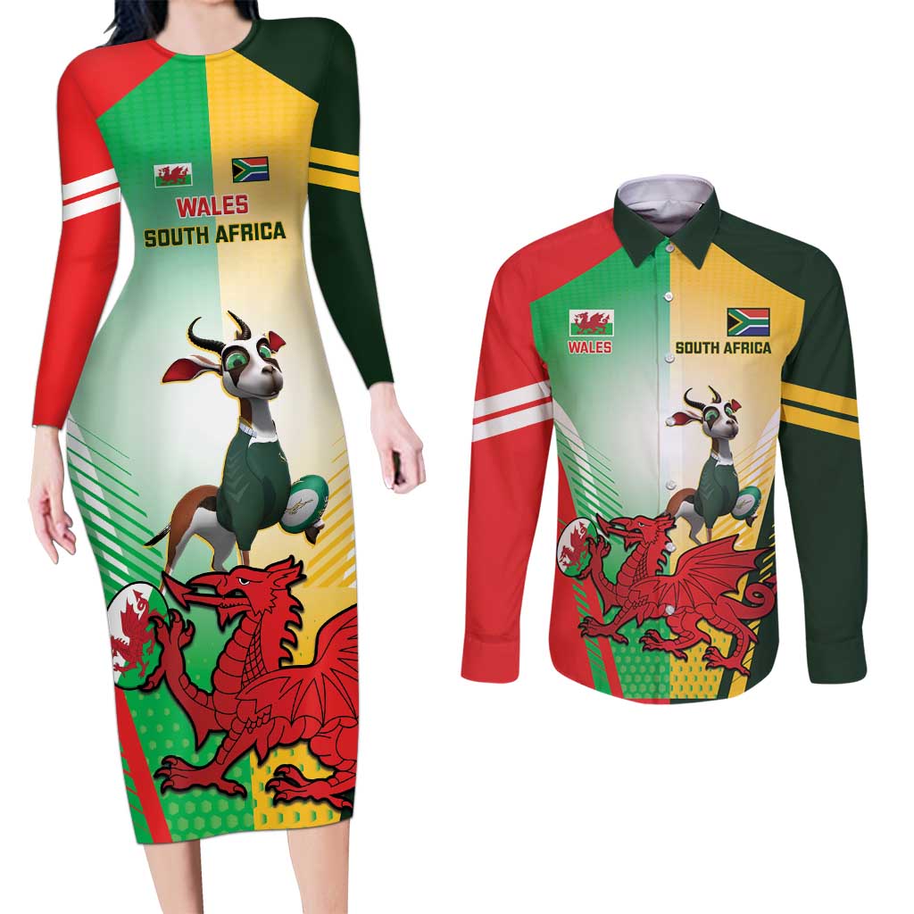 Custom South Africa And Wales Rugby Couples Matching Long Sleeve Bodycon Dress and Long Sleeve Button Shirt Springboks Welsh Mascots Dynamic Version