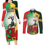 Custom South Africa And Wales Rugby Couples Matching Long Sleeve Bodycon Dress and Long Sleeve Button Shirt Springboks Welsh Mascots Dynamic Version