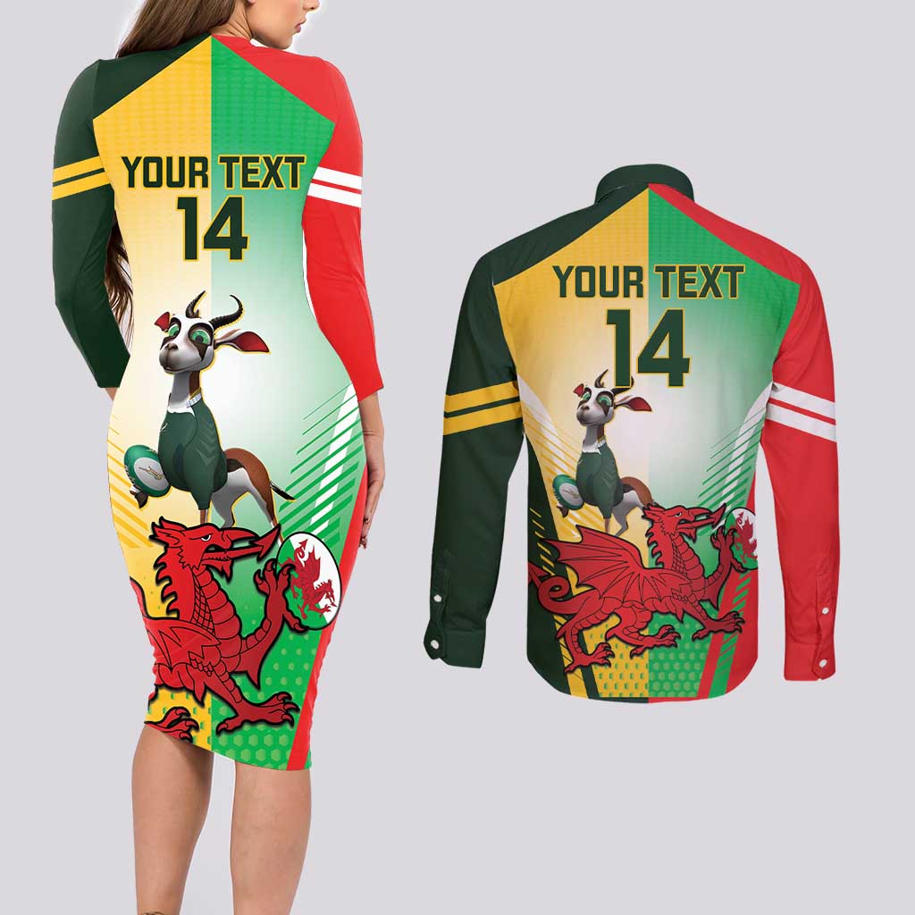Custom South Africa And Wales Rugby Couples Matching Long Sleeve Bodycon Dress and Long Sleeve Button Shirt Springboks Welsh Mascots Dynamic Version