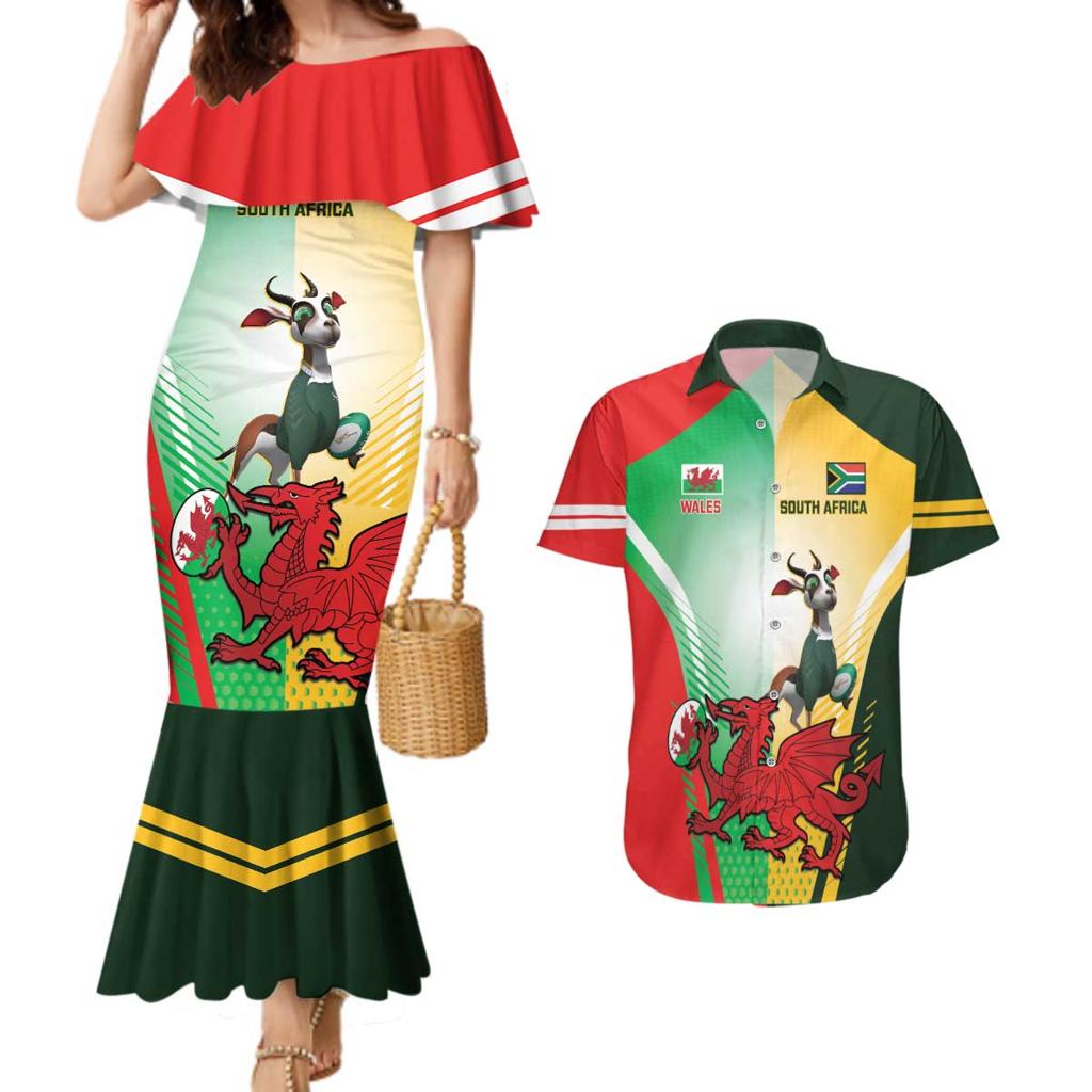 Custom South Africa And Wales Rugby Couples Matching Mermaid Dress and Hawaiian Shirt Springboks Welsh Mascots Dynamic Version