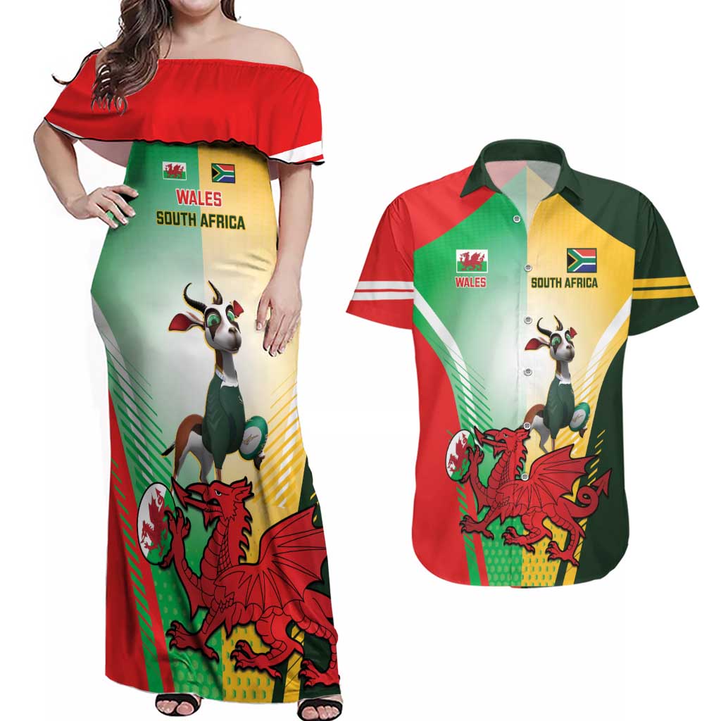 Custom South Africa And Wales Rugby Couples Matching Off Shoulder Maxi Dress and Hawaiian Shirt Springboks Welsh Mascots Dynamic Version