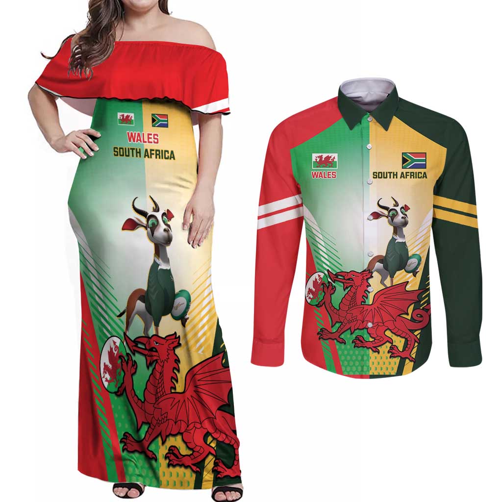 Custom South Africa And Wales Rugby Couples Matching Off Shoulder Maxi Dress and Long Sleeve Button Shirt Springboks Welsh Mascots Dynamic Version