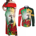 Custom South Africa And Wales Rugby Couples Matching Off Shoulder Maxi Dress and Long Sleeve Button Shirt Springboks Welsh Mascots Dynamic Version
