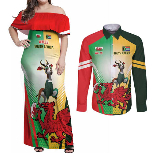 Custom South Africa And Wales Rugby Couples Matching Off Shoulder Maxi Dress and Long Sleeve Button Shirt Springboks Welsh Mascots Dynamic Version