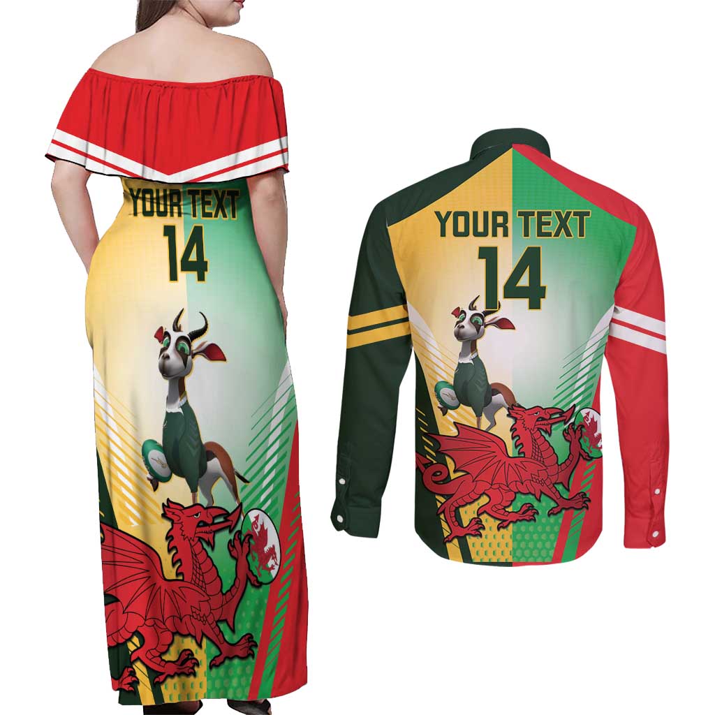Custom South Africa And Wales Rugby Couples Matching Off Shoulder Maxi Dress and Long Sleeve Button Shirt Springboks Welsh Mascots Dynamic Version